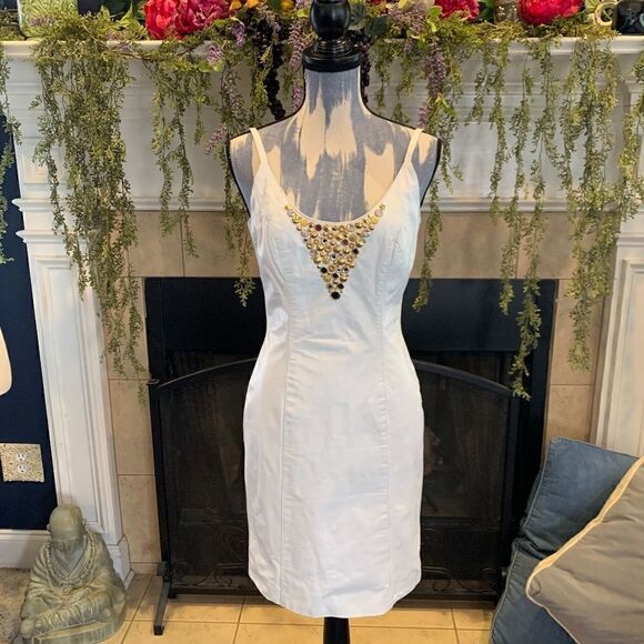 Dangerous Threads Dresses & Skirts - Dangerous Threads Women's 8 white leather with gold bead neck thin strap dress